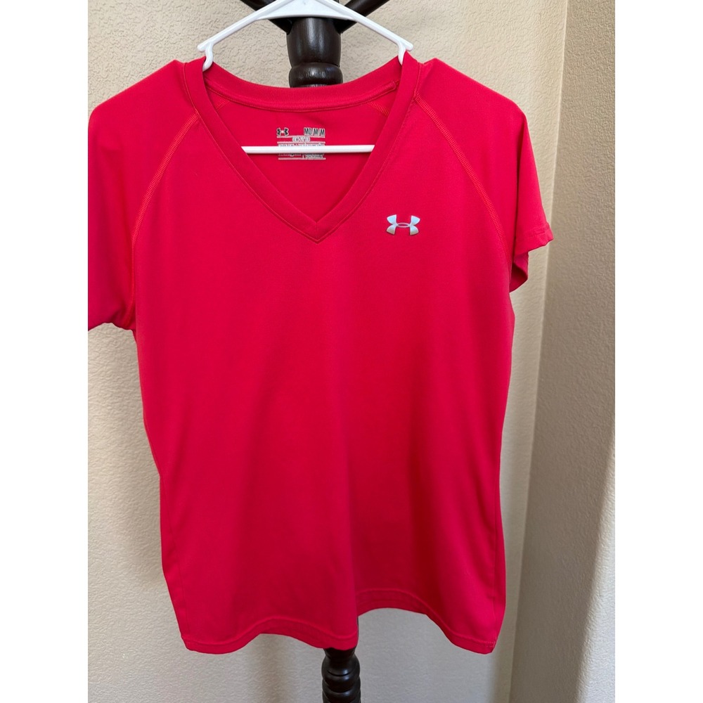 Under Armour HeatGear V-Neck Semi-Fitted Short Sleeve Shirt Red Womens Medium